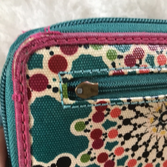 FOSSIL zip around coated canvas wallet teal pink - Picture 6 of 14